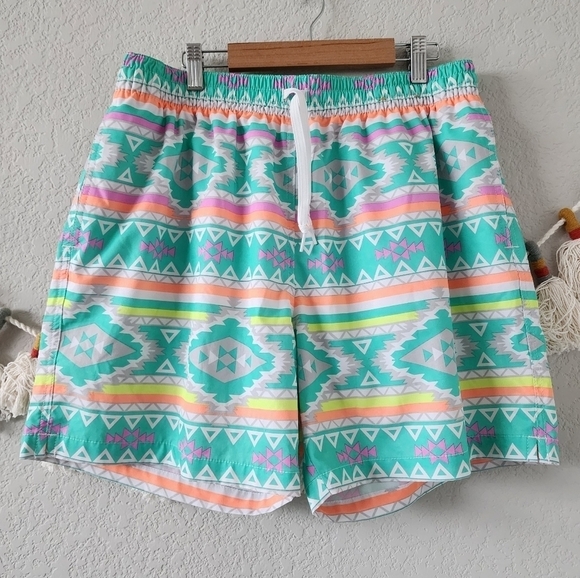 Cubbies The En Fuegos Teal Geometric Lined Swim Trucks Shorts Mens XL Beach - Picture 1 of 9
